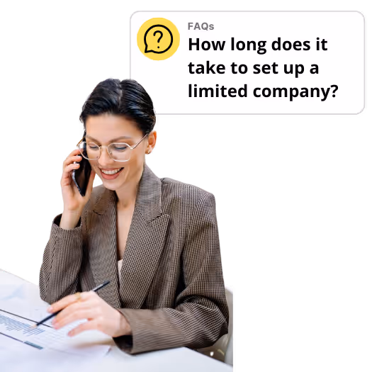 Accountant talking on the phone with a bubble above their head that says how long does it take to set up a limited company